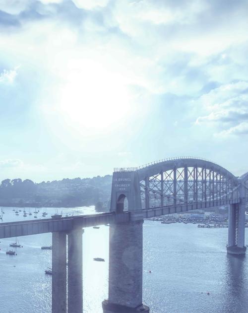 Image of theRoyal Albert train Bridge designed by Isambard Kingdom Brunel against sunset in Plymouth